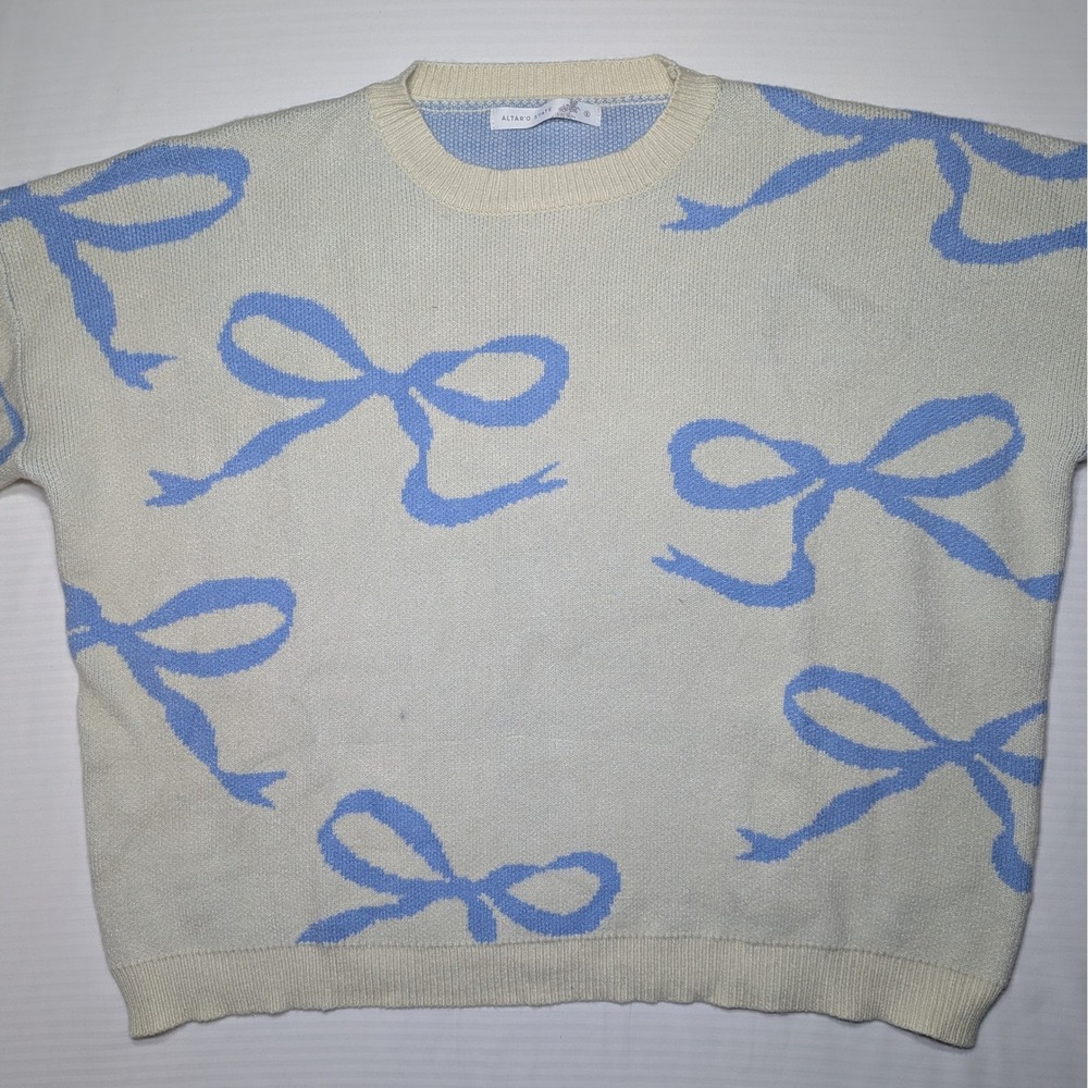 Altar'd State Womens S Bow Sweater Knit Cream Blue Coquette Quiet Luxury